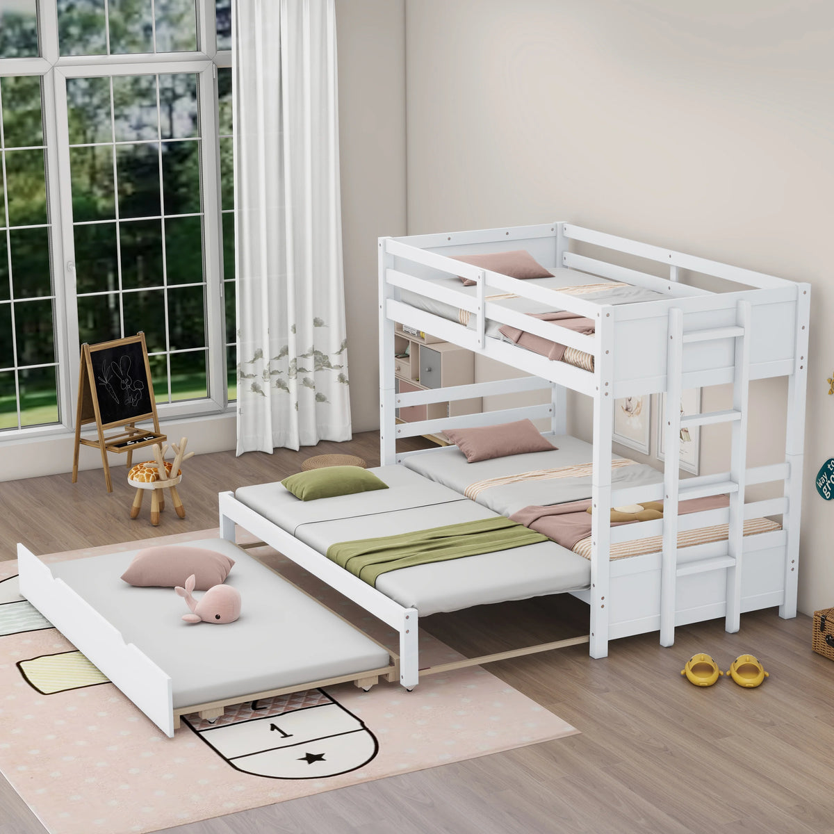 White Twin Over Full Solid Wood Bunk Bed with Trundle Q682604