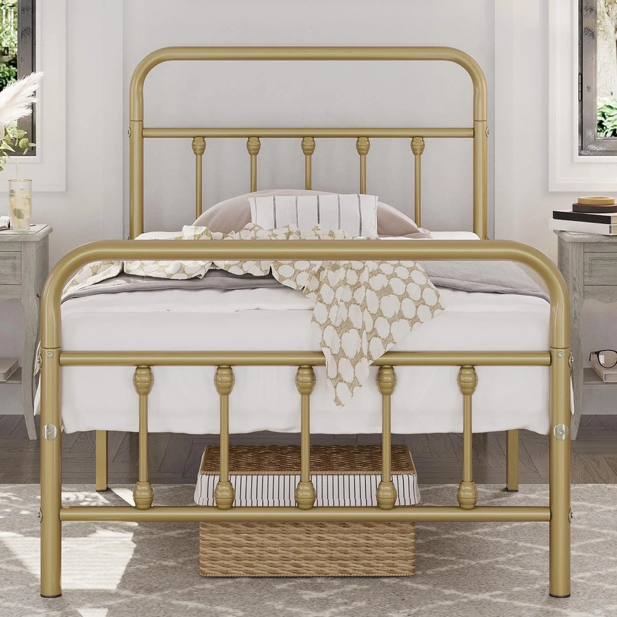 Metal Platform Bed Frame with Victorian Style Headboard Twin XL Size Antique Gold C33290