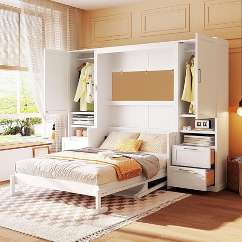 Full White Wood Murphy Bed with Desk and Storage L62664