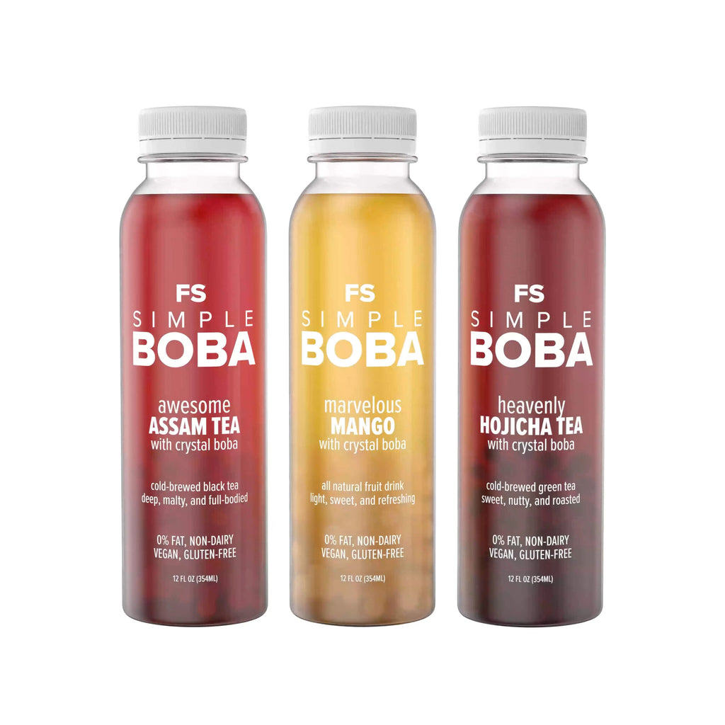 Assam Black, Hojicha Green, Mango Juices with Crystal Boba, 6-Pack of 12oz Bottles N1326
