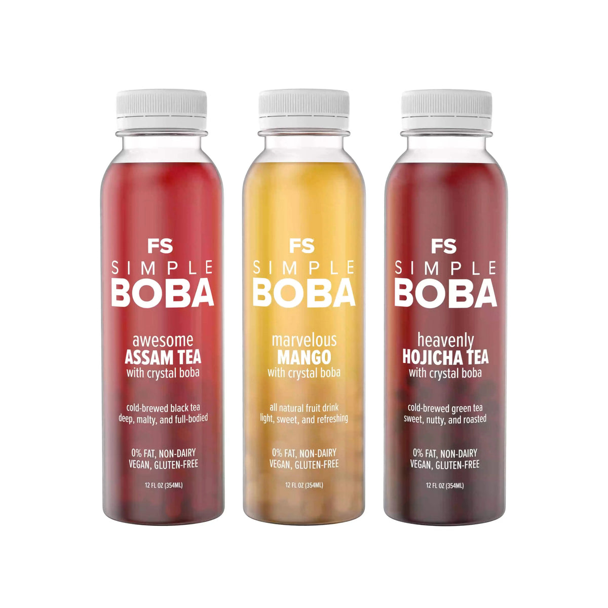 Assam Black, Hojicha Green, Mango Juices with Crystal Boba, 6-Pack of 12oz Bottles N1326