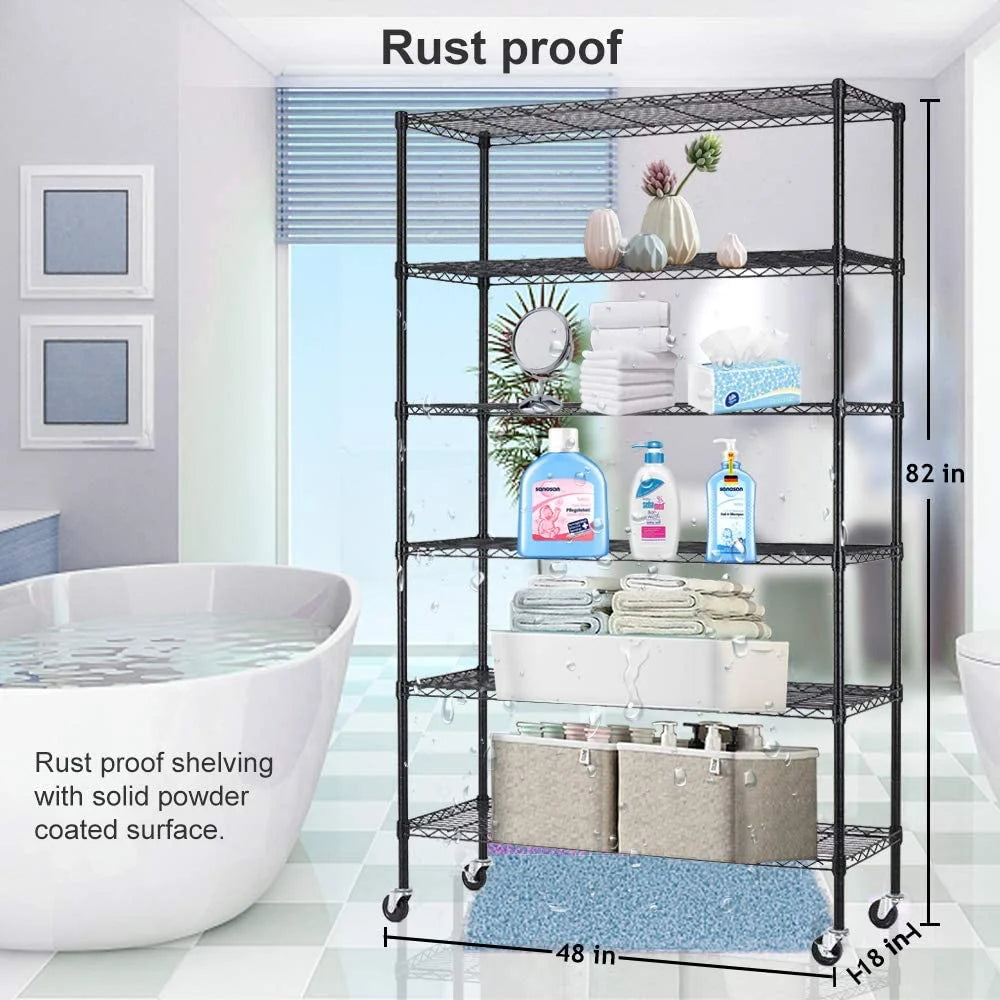 6 Tier Adjustable Heavy Duty Metal Wire Shelving Unit with Wheels A423