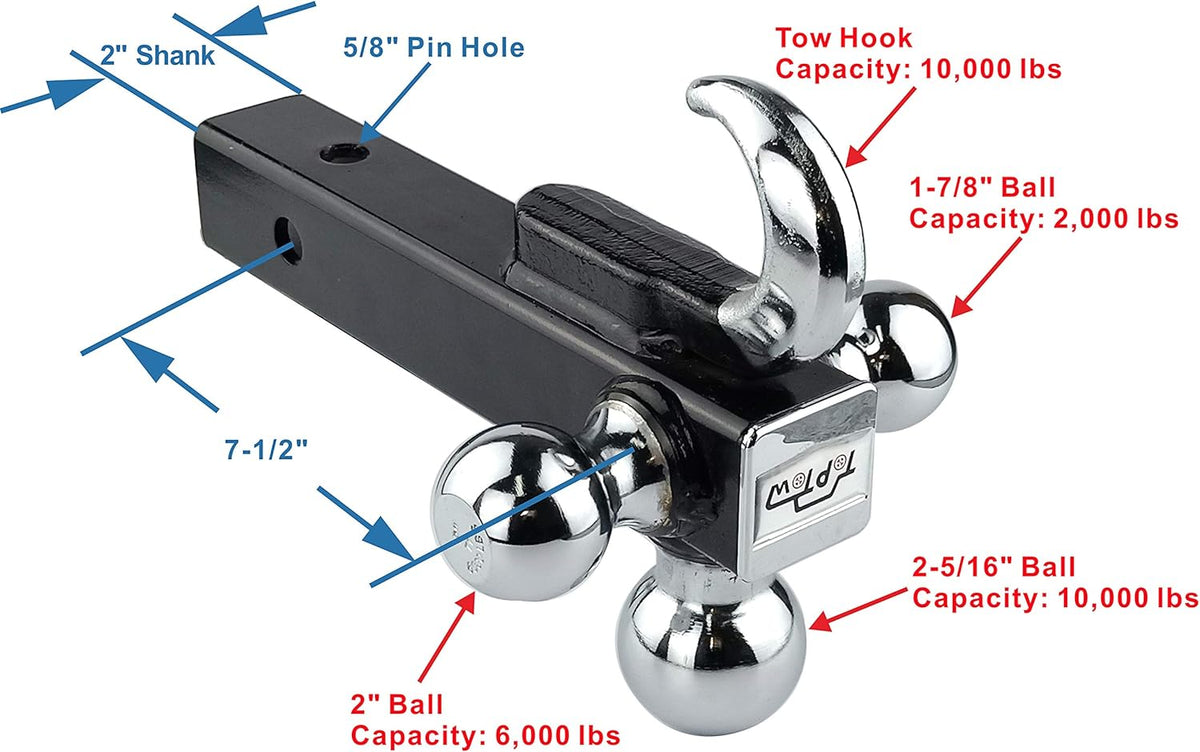 Trailer Tri Ball Hitch with Hook, 2 inch Receiver, Chrome, 5/8 inch Hitch Lock, Pack of 2 V880