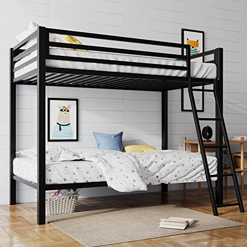 Black Twin Over Twin Size Loft Bunk Bed with Ladder and Guardrail C642