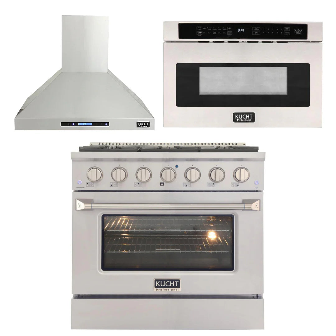 36 in. Natural Gas Range, Range Hood & Microwave Drawer I94645