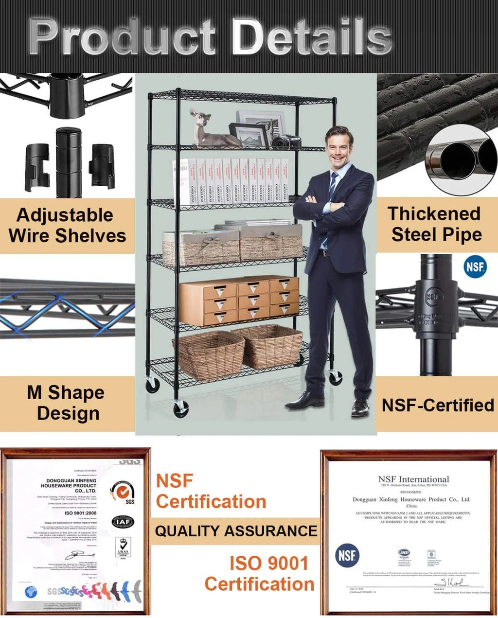 6 Tier Adjustable Heavy Duty Metal Wire Shelving Unit with Wheels A423