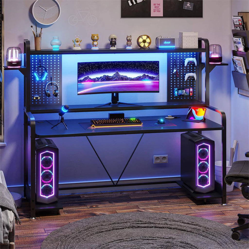 Black 55" Gaming Desk with LED Lights and Shelves Y665