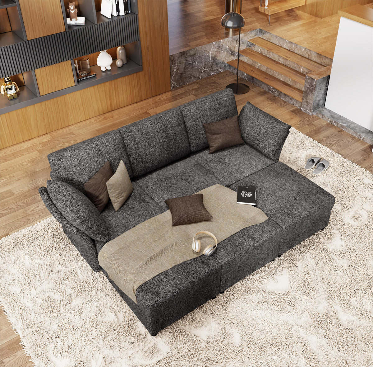Dark Grey 9 Seat Modular Sectional Sofa with Ottomans V17583