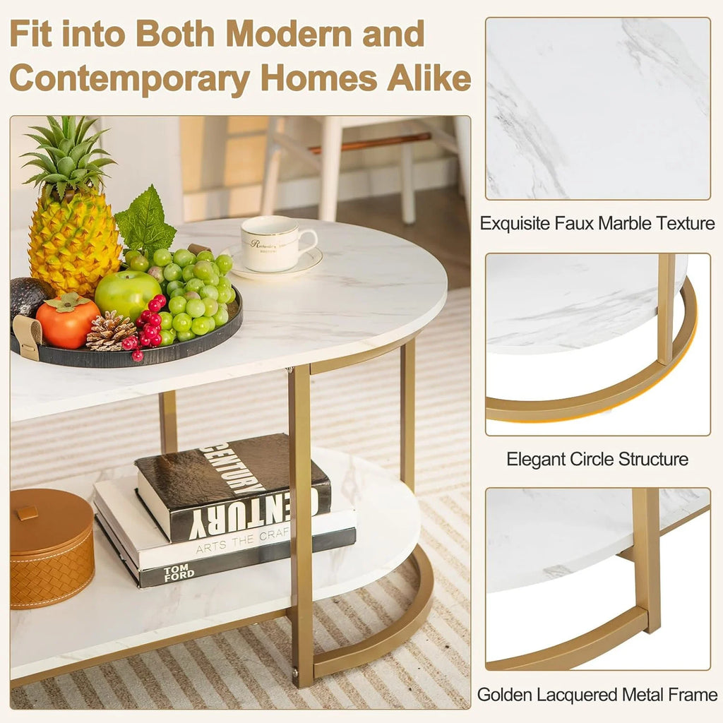 Gold 39” Oval 2 Tiers Faux Marble Top Metal Frame Coffee Table J614750