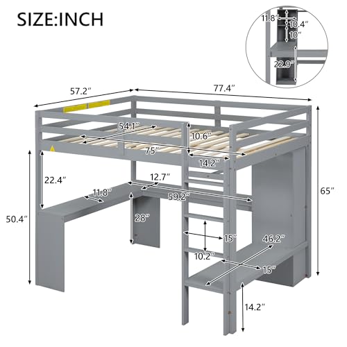 Grey Wood Full Size Loft Bed Frame with Desk, Wardrobe and Shelves B316