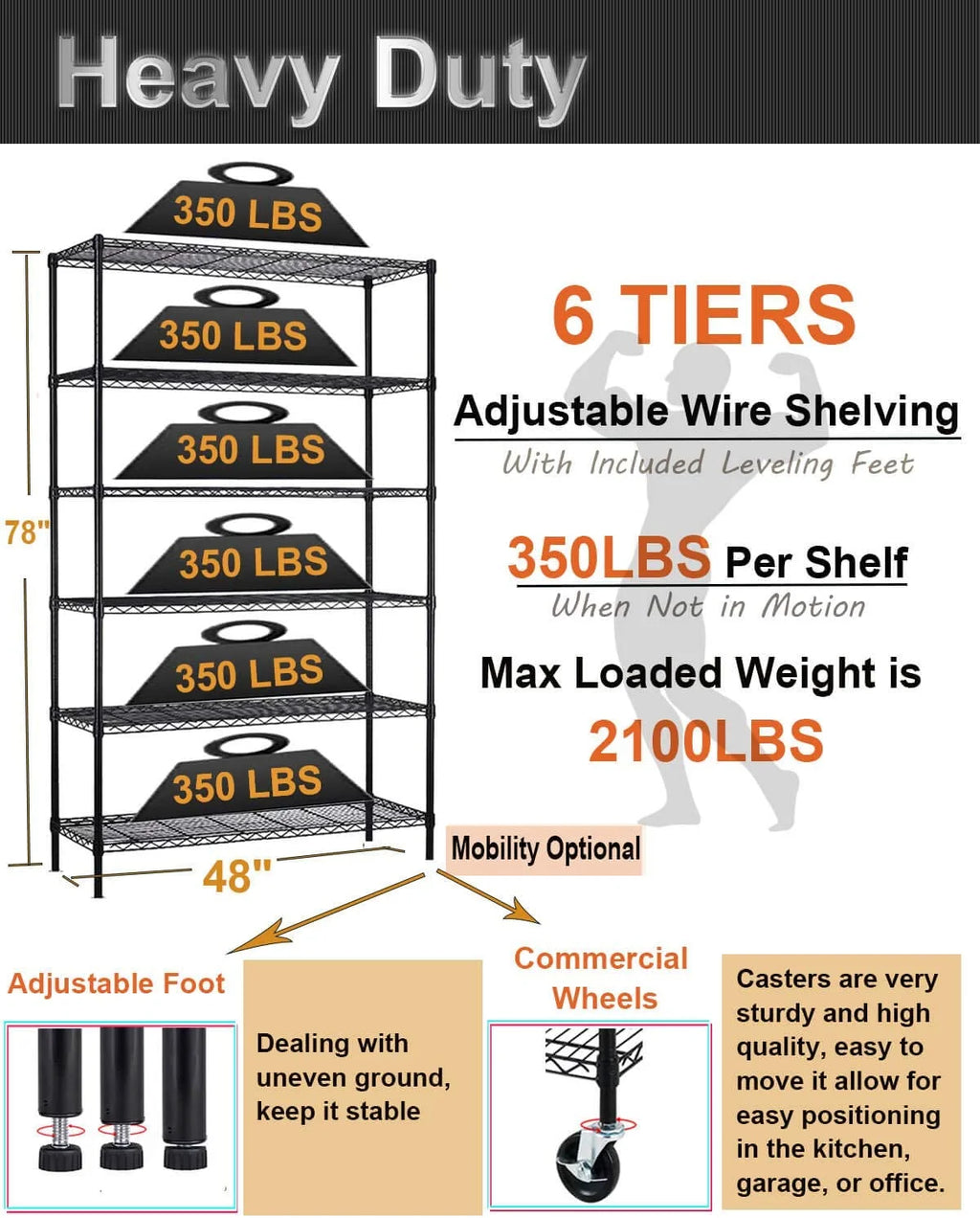 6 Tier Adjustable Heavy Duty Metal Wire Shelving Unit with Wheels A423