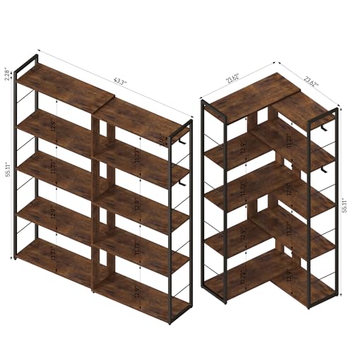5 Tier Corner Bookshelf with 2 Hooks Adjustable Shelves Rustic Brown Z702979
