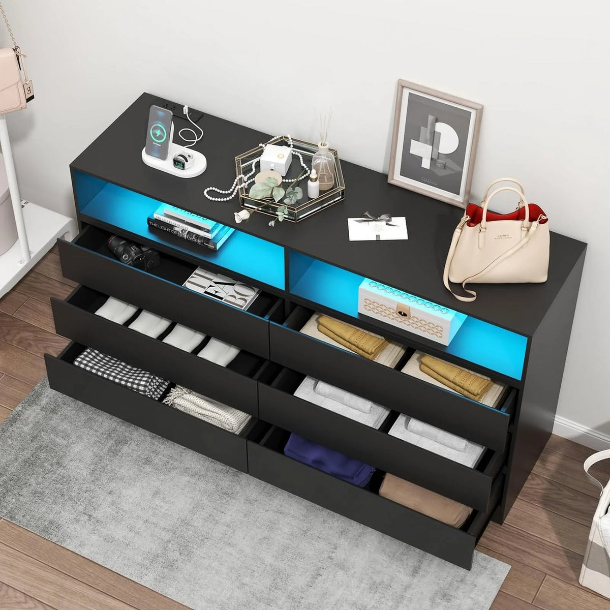 White 6 Drawer Double Dresser with Power Outlet and LED Light S1081
