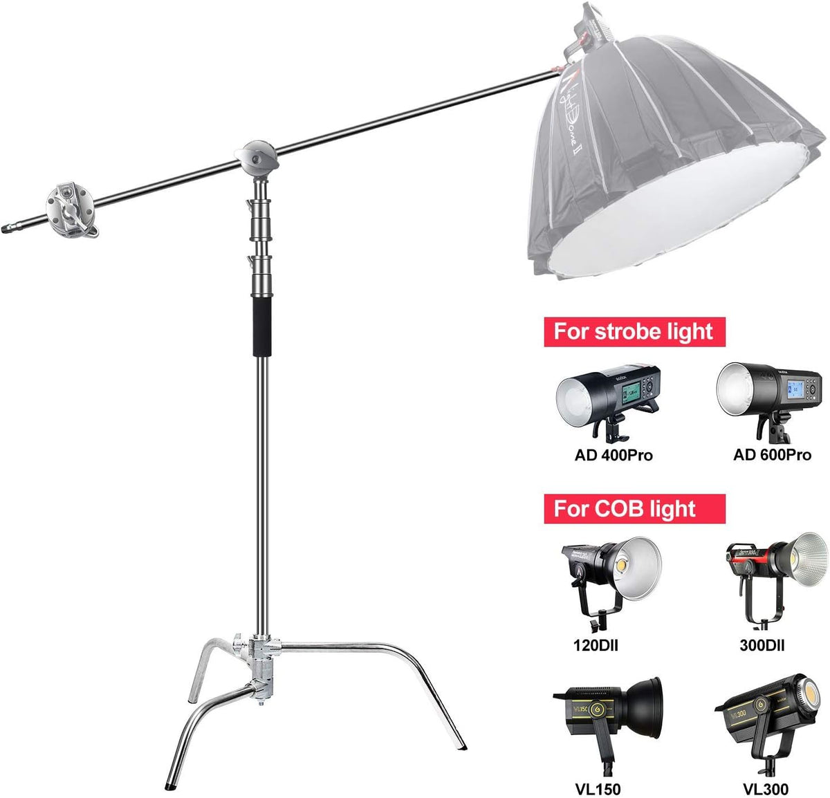 C Stand Heavy Duty 100% Metal Max 10.8ft/330cm with Holding Arm Boom Arm 2 Pcs Grip Head U29299