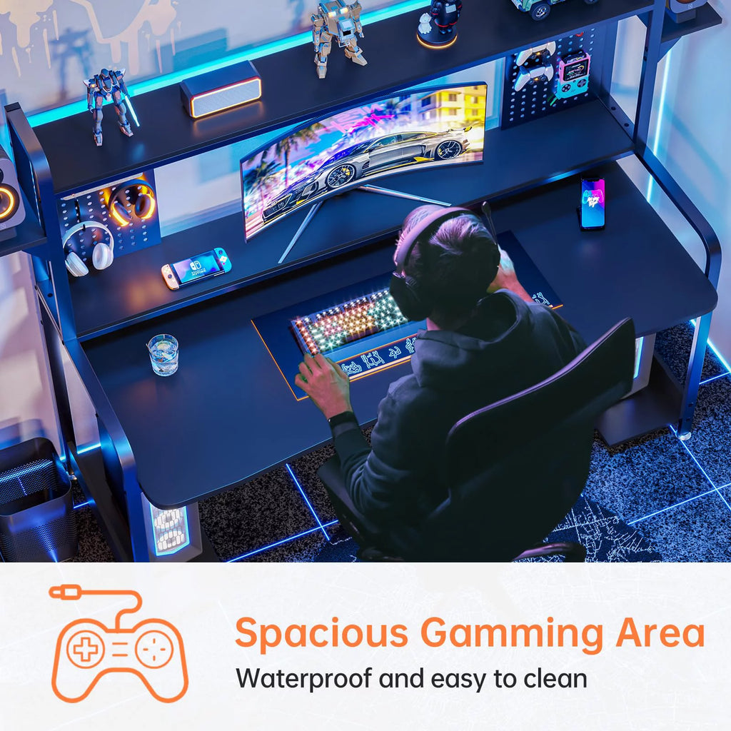 Black 55" Gaming Desk with LED Lights and Shelves Y665