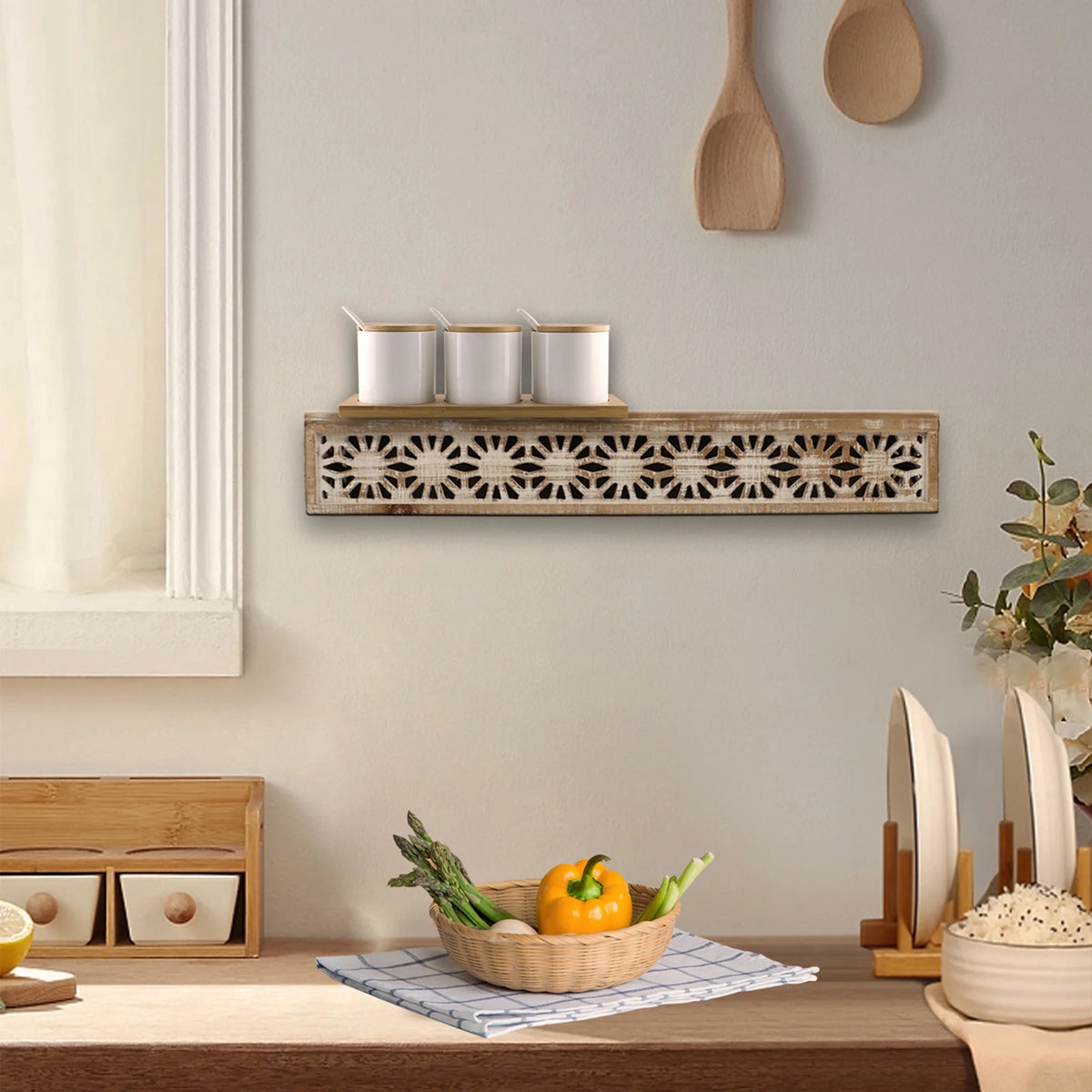 Hand-Carved Wooden Floral-Patterned Floating Wall Shelf W134