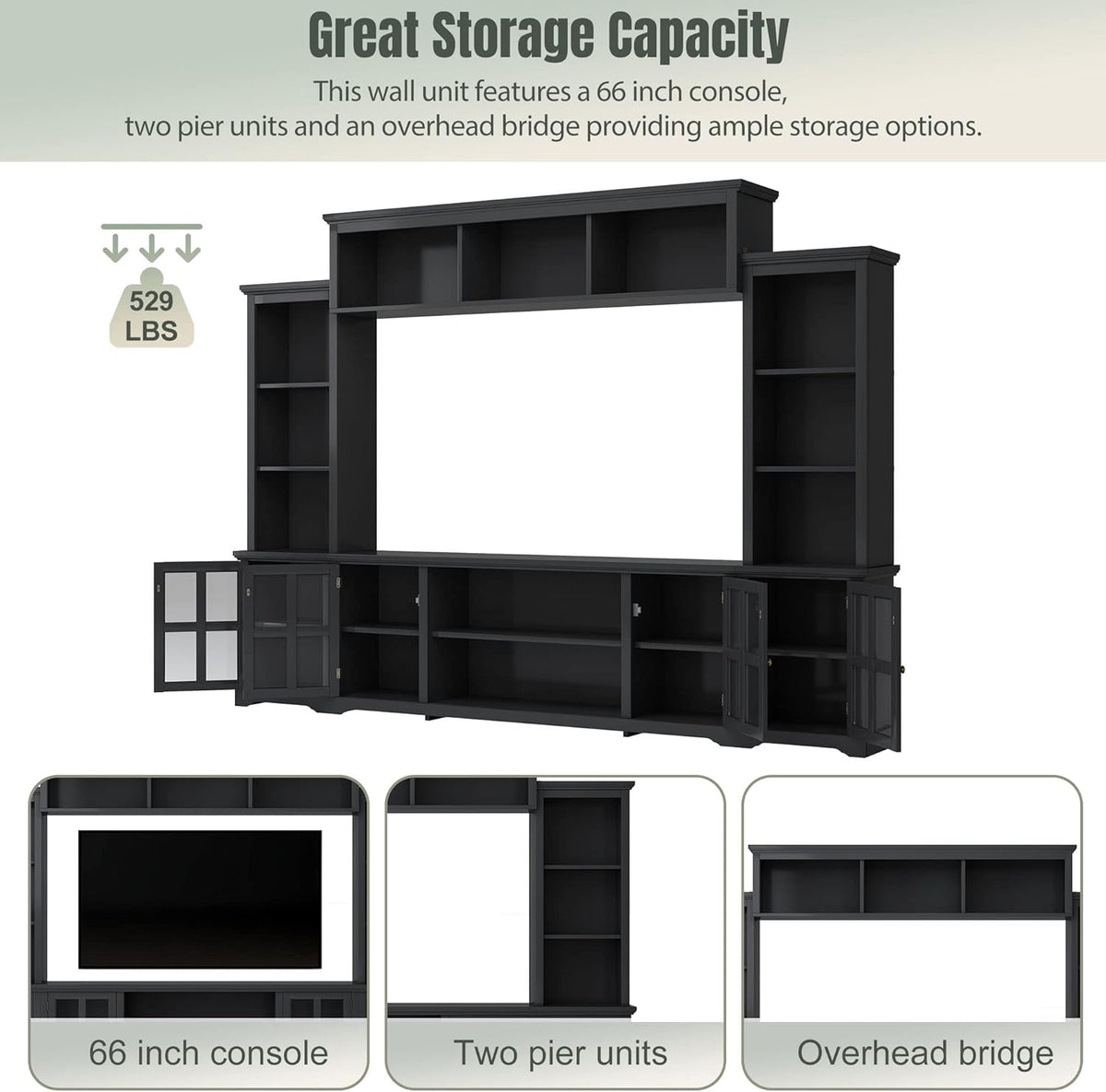 Black 104 Inch Entertainment Wall Unit with Tempered Glass Door J106076