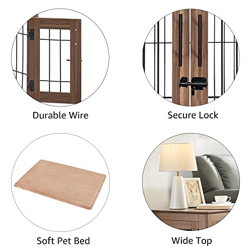 Double Doors Wooden Wire Dog Crate with Pet Bed F6789
