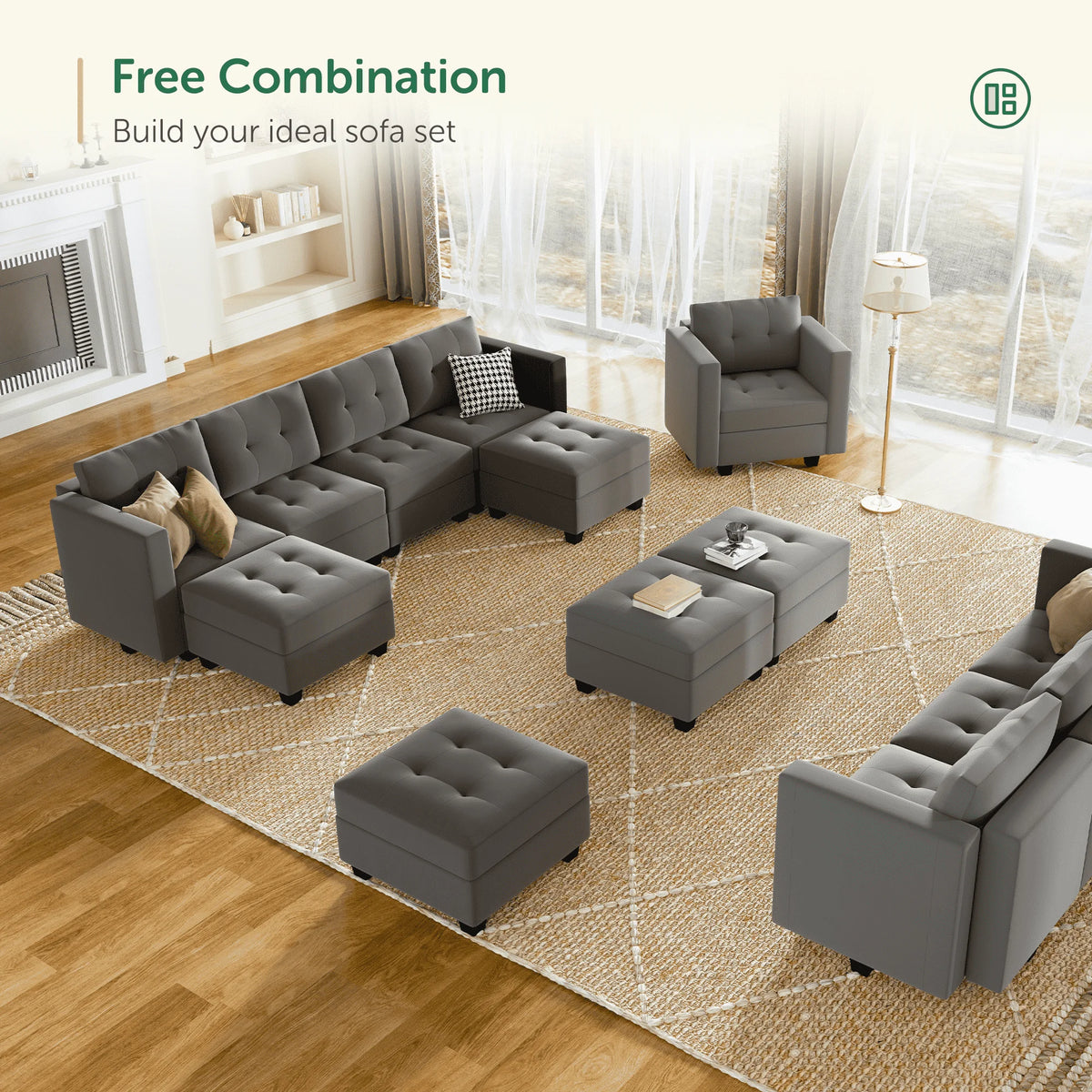 Velvet Tufted Sectional Sleeper Sofa with Storage Ottomans G758467