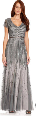 Beaded V-Neck Gown, Pewter Silver, Size: 12 E94690