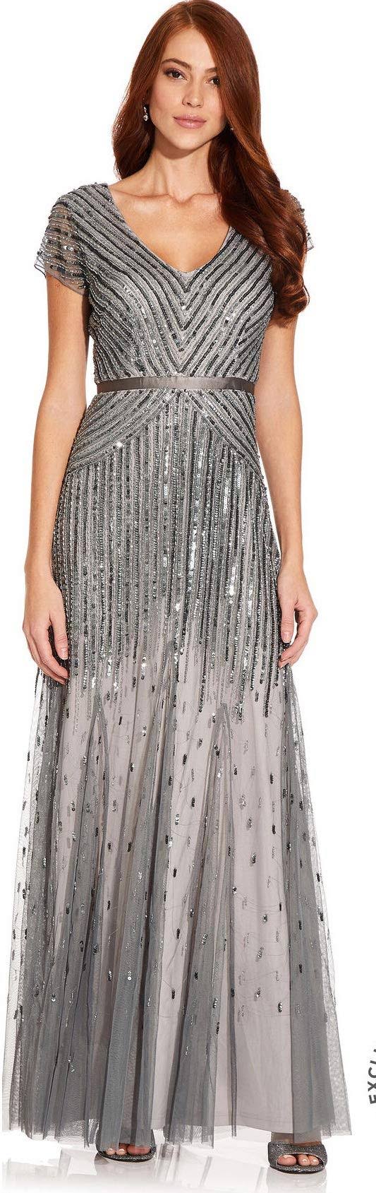 Beaded V-Neck Gown, Pewter Silver, Size: 12 E94690