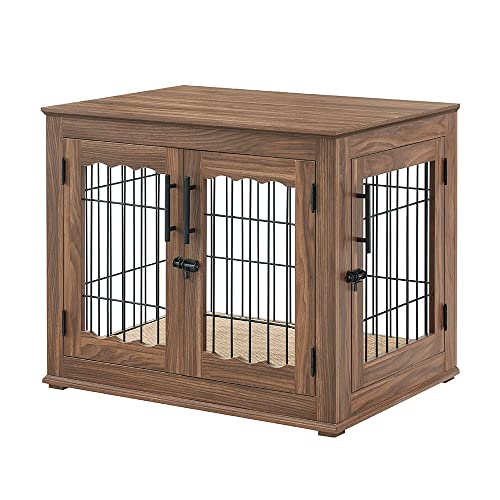 Double Doors Wooden Wire Dog Crate with Pet Bed F6789