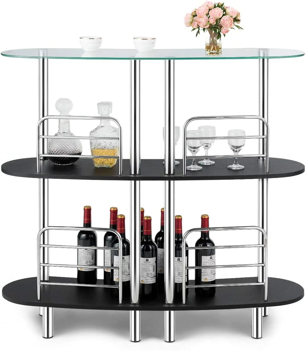 3-Tier Glass Liquor Bar Cabinet with Tempered Glass Counter Top Z474