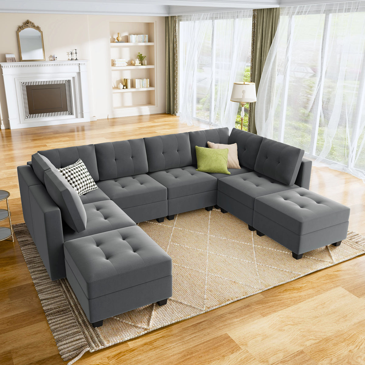 Velvet Tufted Sectional Sleeper Sofa with Storage Ottomans G758467