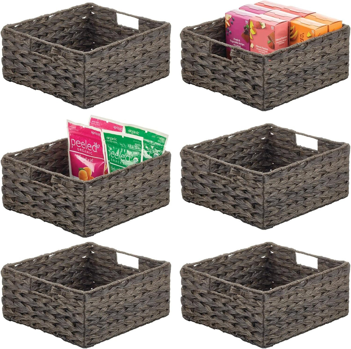 Woven Plastic Storage Organizer Basket Bin with Handles 6 Pack Gray Ombre R5408