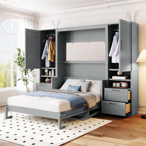 Full White Wood Murphy Bed with Desk and Storage L62664
