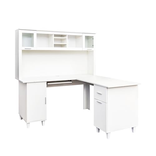 White Corner Desk with Drawers and Shelves G500175
