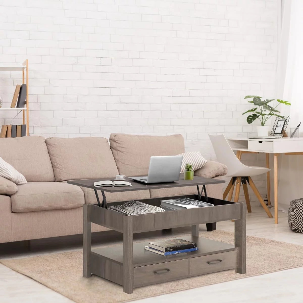 2 Drawer Lift Top Coffee Table with Hidden Compartment Gray Z613377