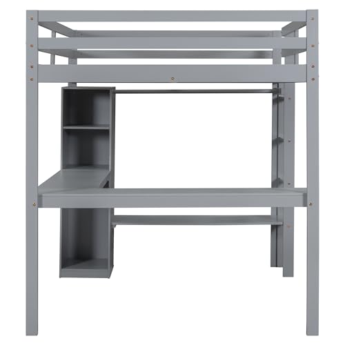 Grey Wood Full Size Loft Bed Frame with Desk, Wardrobe and Shelves B316