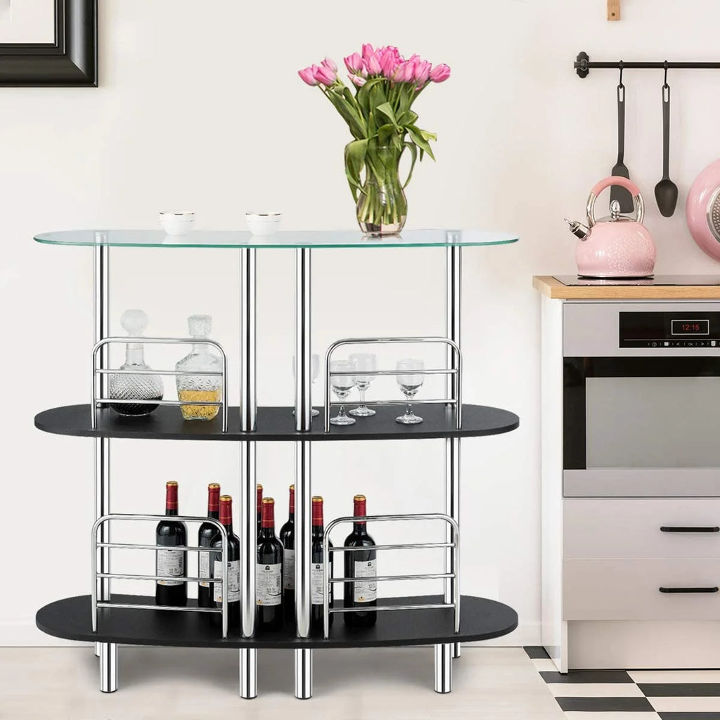 3-Tier Glass Liquor Bar Cabinet with Tempered Glass Counter Top Z474