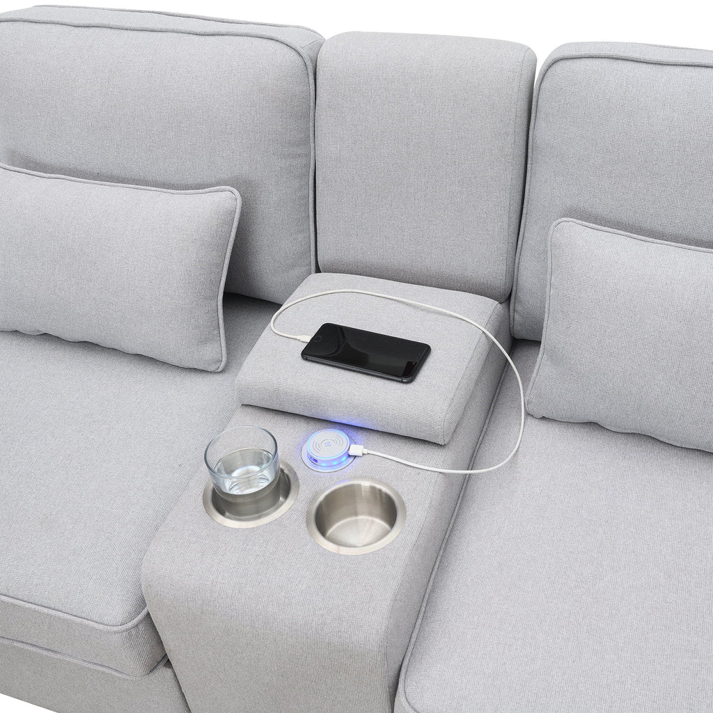 Upholstered Sofa with Console, 2 Cupholders and 2 USB Ports, Linen Fabric, 4-Seat Z1723