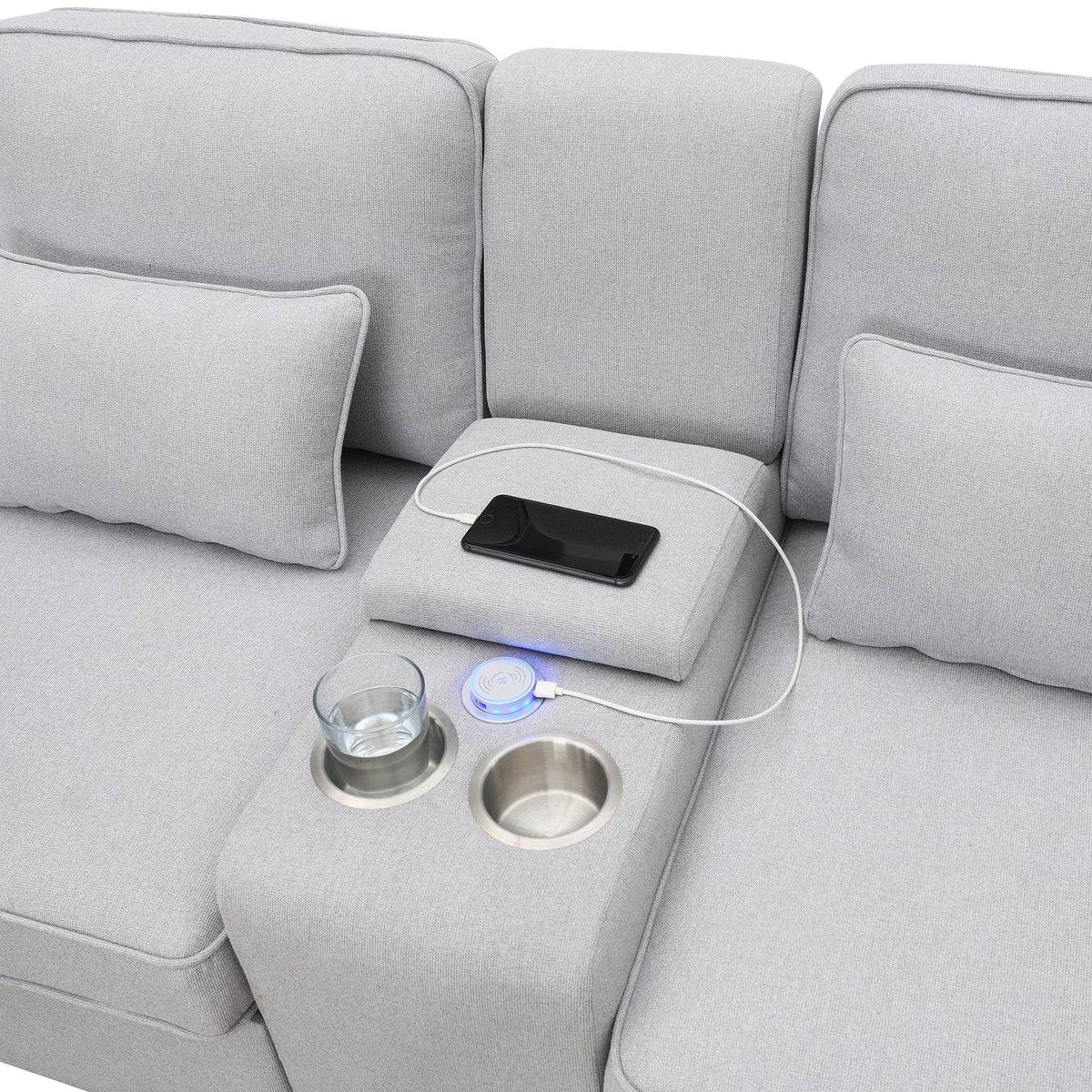 Upholstered Sofa with Console, 2 Cupholders and 2 USB Ports, Linen Fabric, 4-Seat Z1723