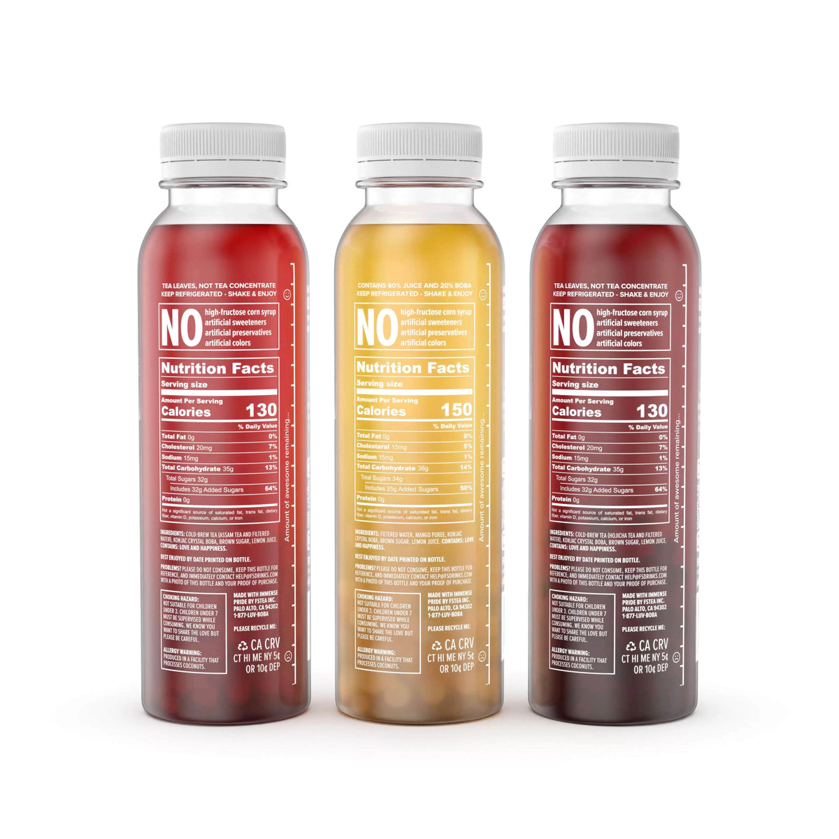 Assam Black, Hojicha Green, Mango Juices with Crystal Boba, 6-Pack of 12oz Bottles N1326