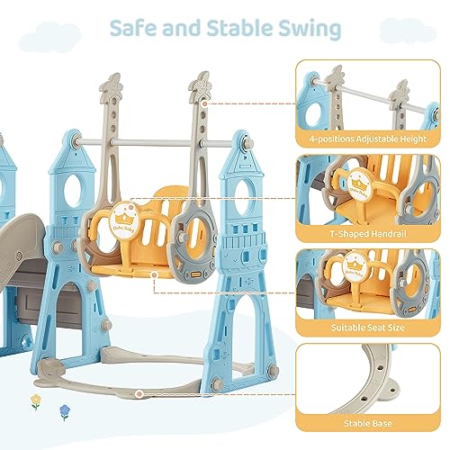 Blue & Yellow 4-in-1 Toddler Slide and Swing Set with Extra Large Playground, Basketball Hoop & Climber V51045