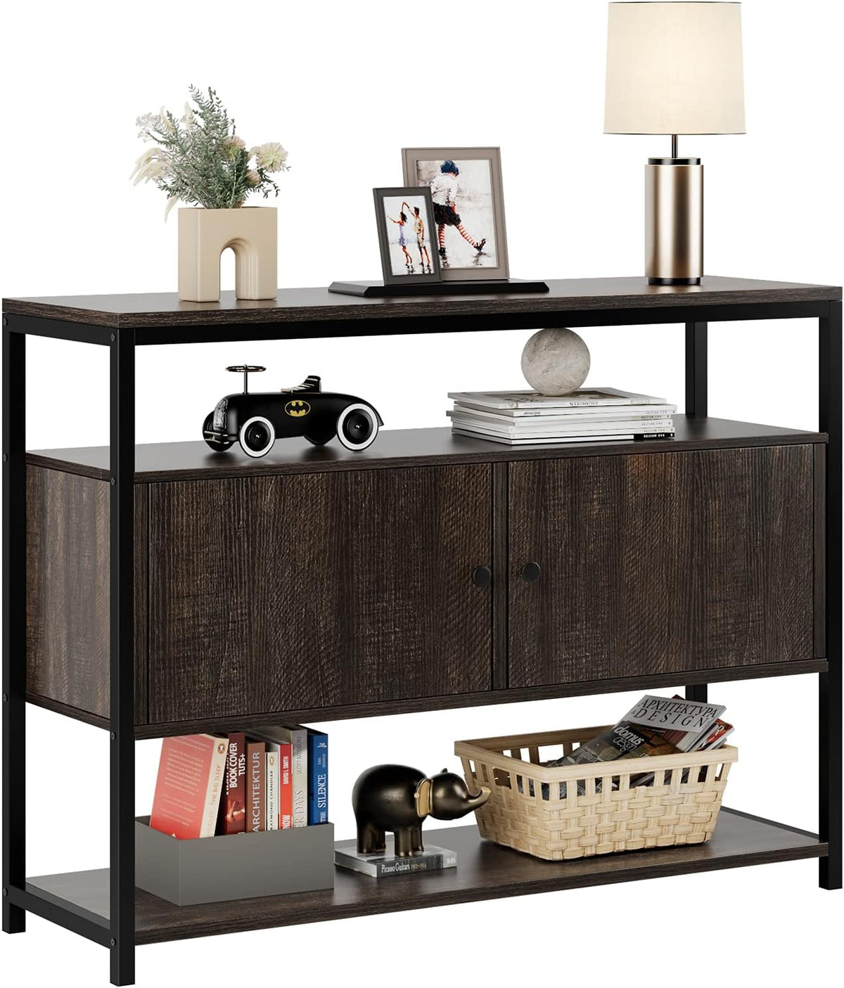 Walnut Brown 3-Tier Console Table with 2 Cabinet Doors W6139