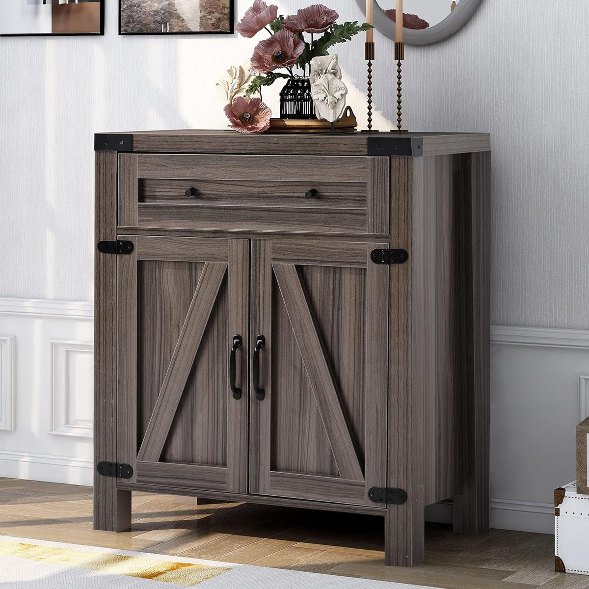 Dark Grey Wood Sideboard Storage Cabinet with Drawer and Cabinet E4094