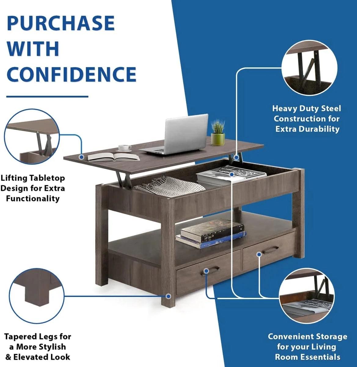 2 Drawer Lift Top Coffee Table with Hidden Compartment Gray Z613377