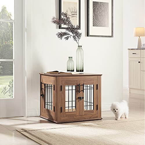 Double Doors Wooden Wire Dog Crate with Pet Bed F6789