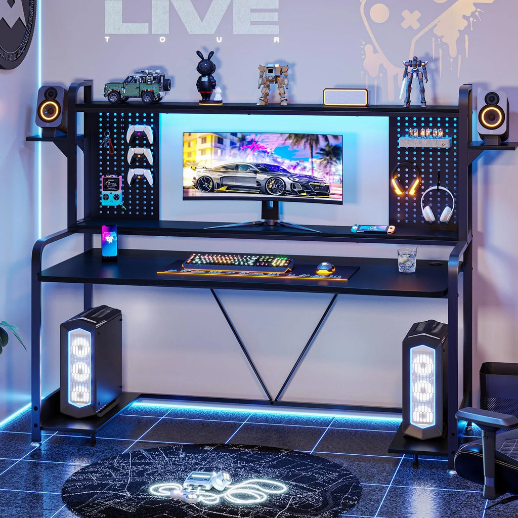 Black 55" Gaming Desk with LED Lights and Shelves Y665