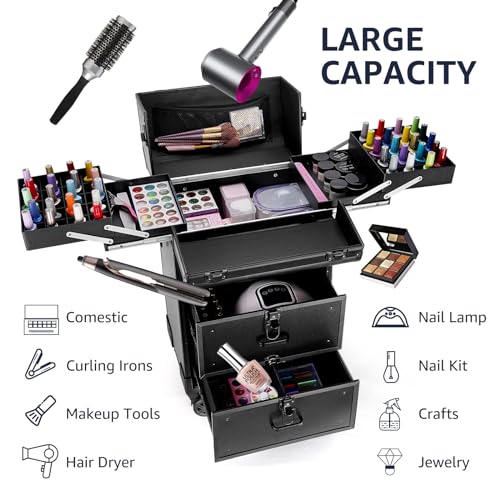 Black Rolling Makeup Train Case with Swivel Wheels M200776