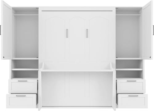 Full White Wood Murphy Bed with Desk and Storage L62664