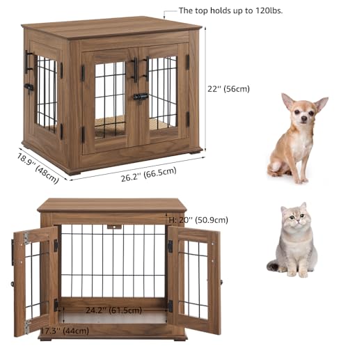 Double Doors Wooden Wire Dog Crate with Pet Bed F6789