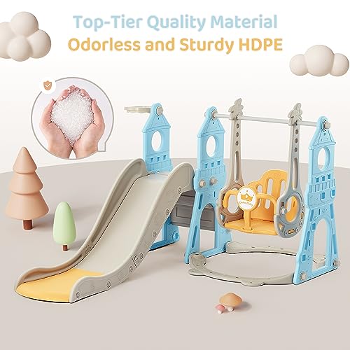 Blue & Yellow 4-in-1 Toddler Slide and Swing Set with Extra Large Playground, Basketball Hoop & Climber V51045