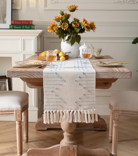 Natural Cotton Woven Table Runner with Tassels, Red and Beige K4414