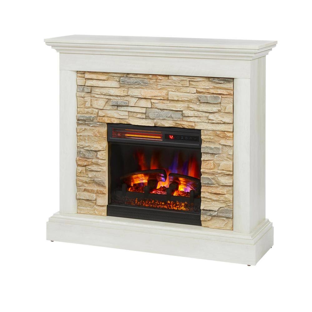 Tan Freestanding Electric Fireplace with Faux Stone I586259
