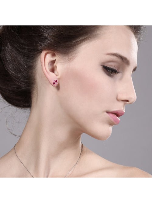 18K Rose Gold Plated Silver Pink Moissanite Red Created Ruby White Lab Grown Diamond Earrings 2.23 Cttw Heart Shape 4MM B45576